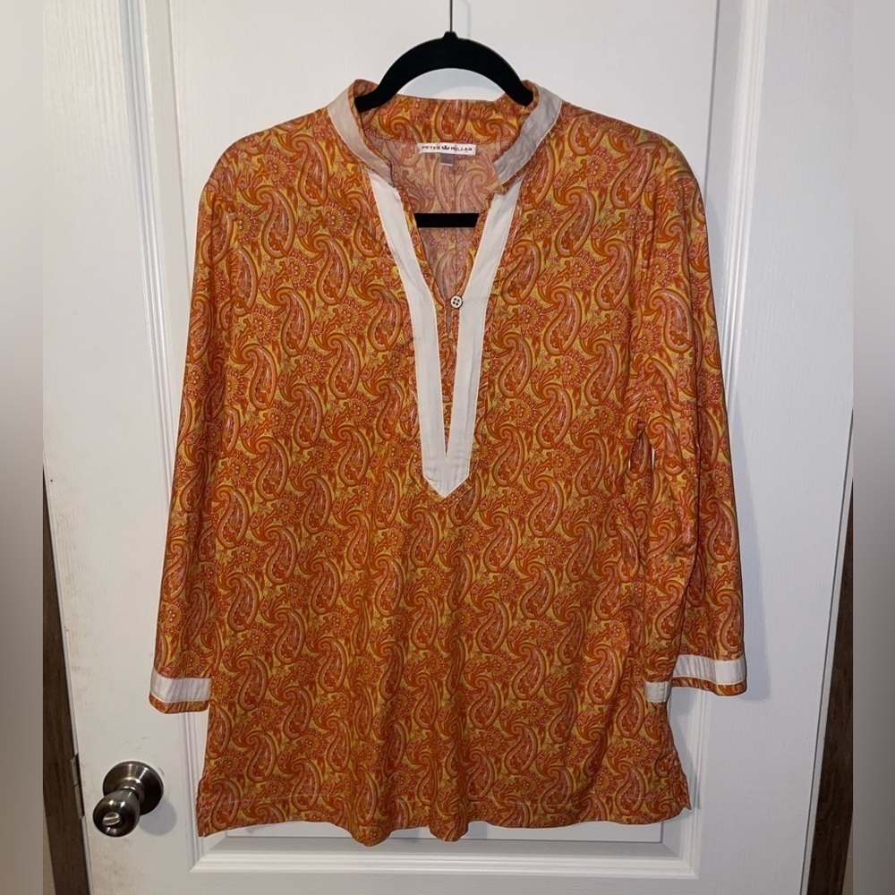 Peter Millar Orange and Yellow Paisley Tunic Top size large‎